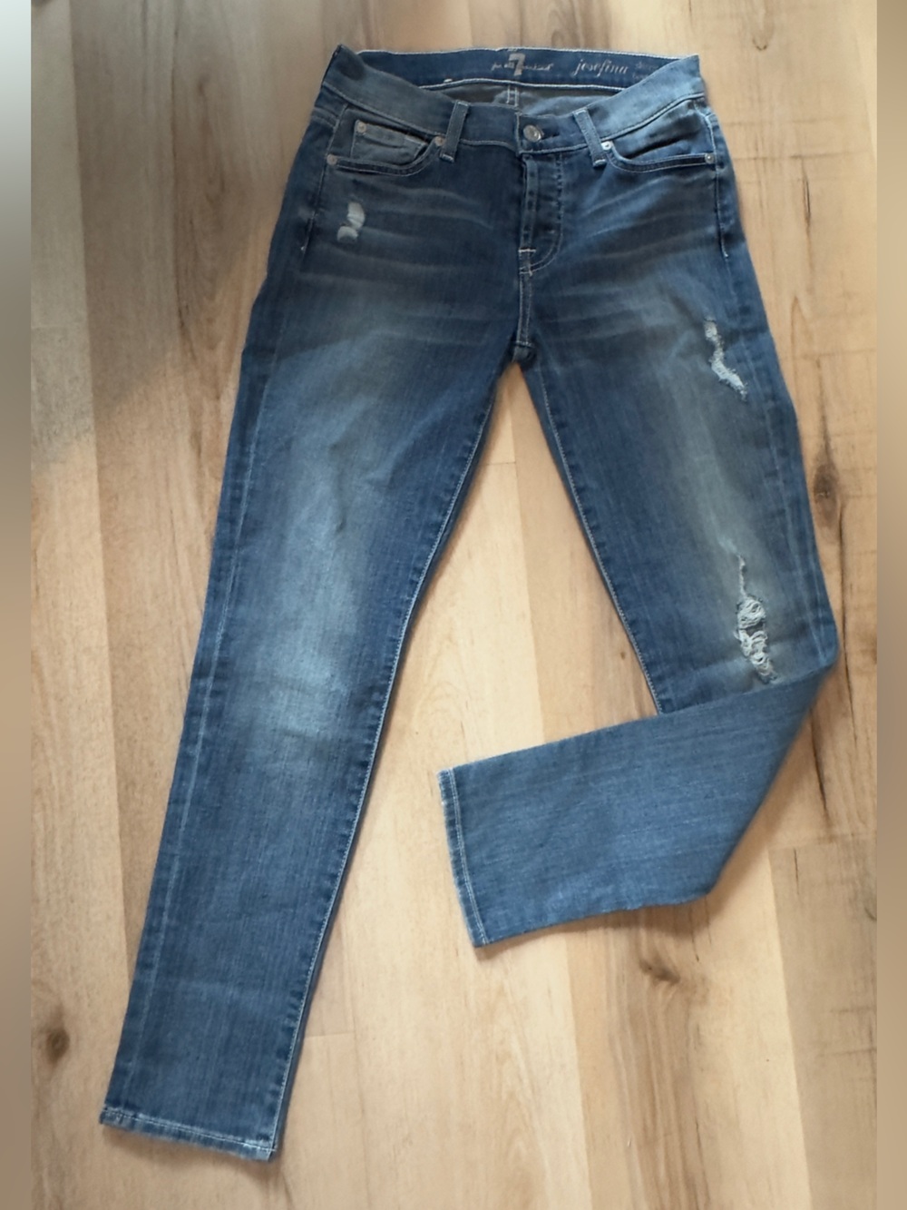 7 For All Mankind Women's Distressed Medium Blue Skinny Jeans